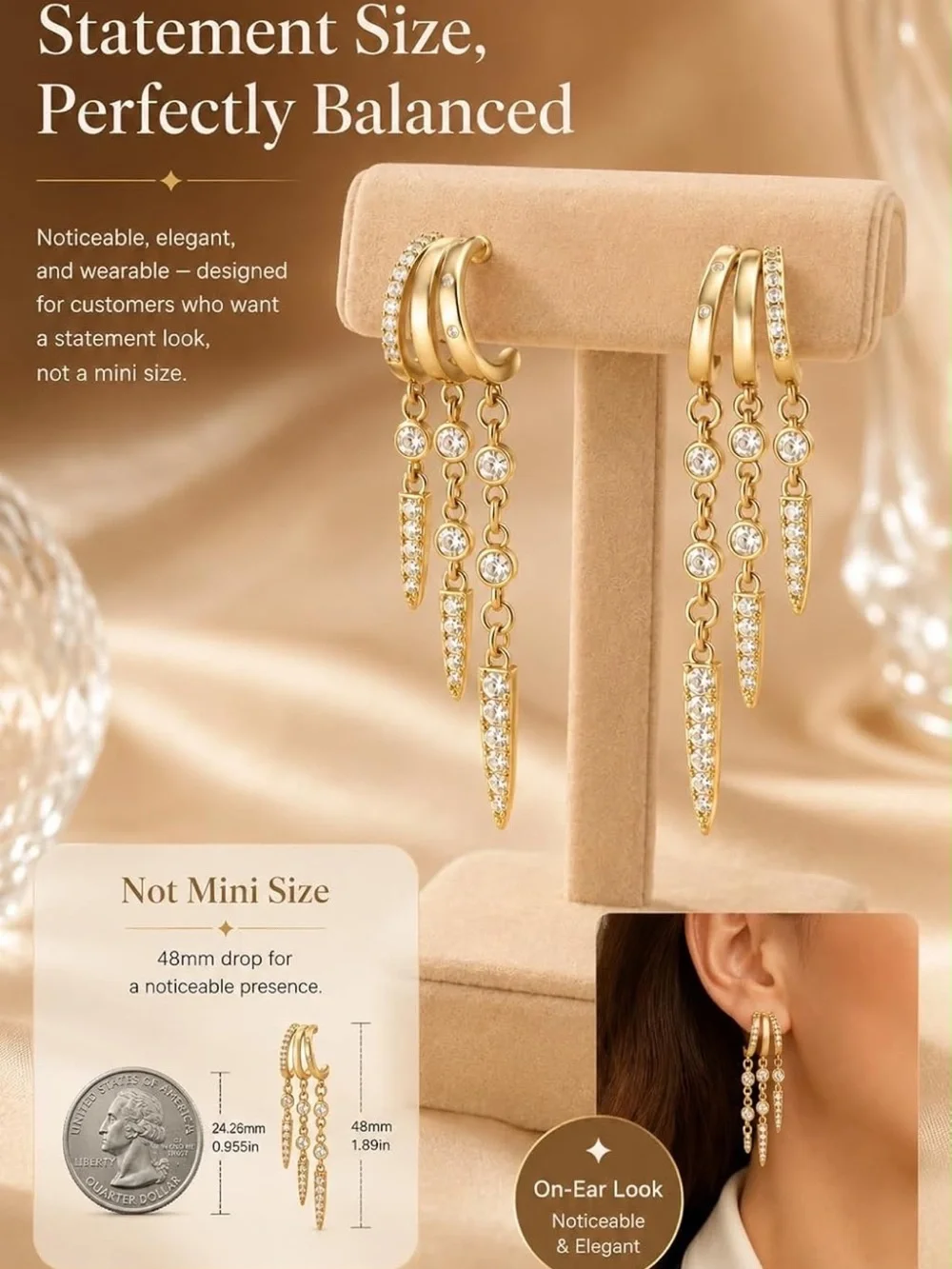 Anthropologie Gold Tone Pavé Triple-Drop Spike Hoop Earrings